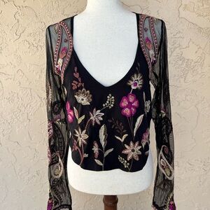 Free People Black and Pink Floral Embroidered Blouse